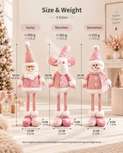 Pink Christmas plush doll size chart showing Santa Reindeer and Snowman plushies.