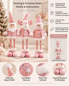 Detailed product features and packaging specifications for pink Christmas dolls