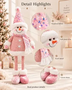 Close-up details of a pink sequined Christmas snowman doll with plush trim and velvet shoes