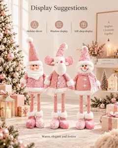 Pink Christmas plush gnomes set featuring Santa Claus, deer, and snowman home decor