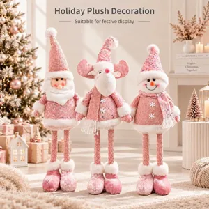 Set of three pink glitter holiday plush decorations featuring Santa, Reindeer, and Snowman dolls