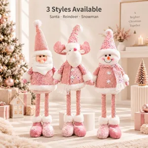 Pink plush telescopic Christmas doll set with Santa, Reindeer, and Snowman designs.