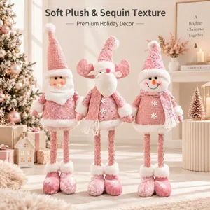 Pink plush telescopic Christmas figure set including Santa, Reindeer and Snowman