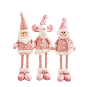 Pink Christmas plush dolls set with Santa Reindeer and Snowman on white background