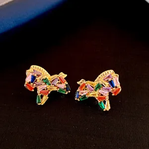 Colorful baguette crystal horse earrings, dainty gold-plated animal stud jewelry for women.