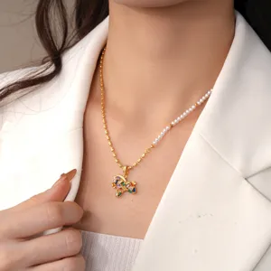 Elegant gold plated half pearl colorful crystal horse pendant necklace for women fashion jewelry.