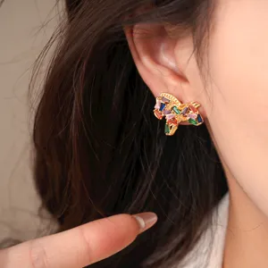 Colorful crystal little horse gold plated stud earrings, Korean fashion jewelry for daily wear.