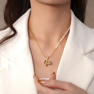 Half pearl half gold chain necklace with colorful crystal horse pendant for women fashion jewelry