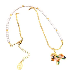 Elegant colorful crystal horse pendant necklace with pearl and gold chain for women fashion jewelry.