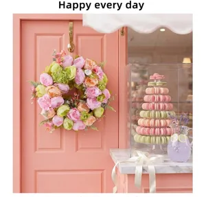 Couronne de fleurs artificielles de printemps pour porte d'entrée, pivoine rose et verte.