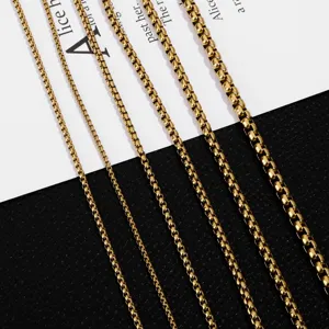 Gold stainless steel box chains in multiple thicknesses, stylish and durable jewelry making.