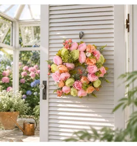 Couronne de pivoines et hortensias artificiels décoration printemps porte d'entrée mur