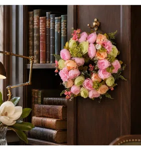 Couronne de fleurs artificielle de printemps pivoines hortensias rose orange vert pour porte.