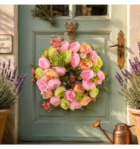 Détail couronne fleurs printemps été, pivoine hortensia rose orange vert déco murale