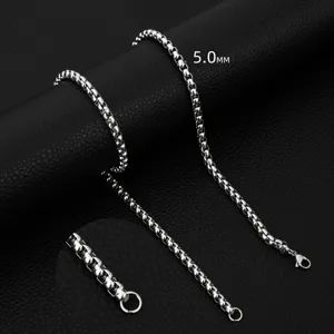 Stainless steel box chain detail view, 5.0mm width, durable fashion necklace accessory.