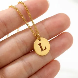 Stainless Steel 18K Gold Plated Initial L Letter Round Disc Pendant Necklace Jewelry Accessory