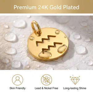 Close-up detail of 24K gold plated stainless steel Aquarius zodiac pendant with water drops.