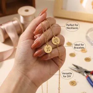 Stainless steel 18k gold plated zodiac sign round pendant DIY charm detail for necklaces and bracelets.