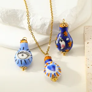 Handmade ceramic bulb pendant necklace DIY stainless steel fashion jewelry detail view.