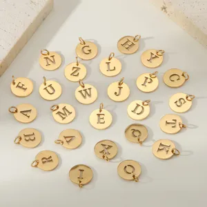 Gold stainless steel 26 alphabet letters cut out round pendant charms for DIY jewelry making.