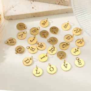 Stainless steel 18k gold plated hollow letter round charms for diy jewelry making detail view.