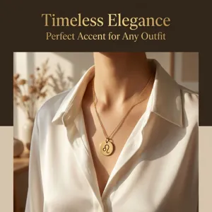 Close-up detail view of the elegant 18k gold plated stainless steel Leo zodiac pendant necklace.