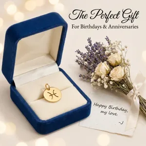 Pisces zodiac pendant necklace in gold finish with elegant velvet gift box and floral decor.