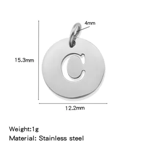 Stainless steel letter C pendant detail view, showing exact dimensions 15.3mm weight.