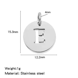 Stainless steel round letter E pendant DIY accessory, 15.3x12.2mm jewelry making charm.