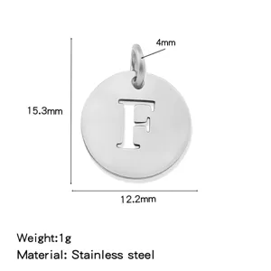Stainless steel letter F pendant detail view, showing precise dimensions and lightweight design.