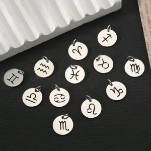 12 Constellation Stainless Steel Hollow Round Pendants DIY Zodiac Jewelry Making Charms