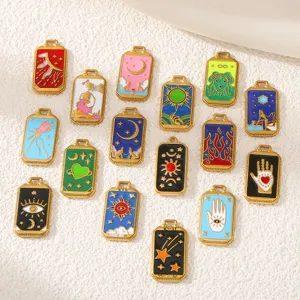 Pendentifs en Émail Carte de Tarot en Acier Inoxydable Vintage Rectangle Ciel Étoilé Lune Soleil pour Collier DIY Femme