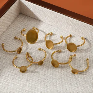 Bruts de bague serti dore en acier inoxydable, bases ouvertes reglables, details bijoux.