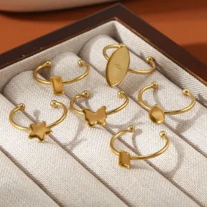 Bagues vierges DIY en acier inoxydable avec plateaux plats de formes géométriques variées.
