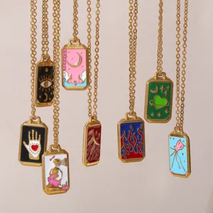 Acier inoxydable plaqué or rectangulaire tarot émail pendentif collier bijoux de mode