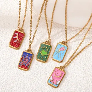 Collier pendentif émaillé tarot rectangulaire en acier inoxydable bijoux célestes élégants