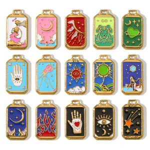 Pendentifs rectangulaires en émail étoile carte de tarot en acier inoxydable pour collier DIY.