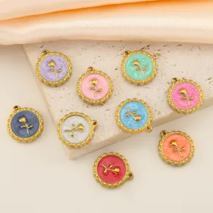 Stainless steel enamel rose flower charms, colorful round pendant for DIY handmade jewelry earrings necklace.