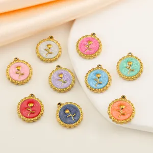 Stainless steel colorful enamel rose flower charms for DIY handmade necklaces and earrings.
