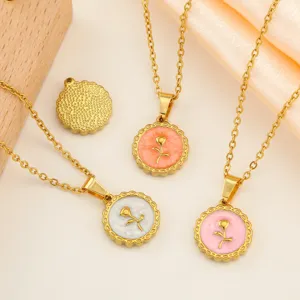 Stainless steel gold-plated necklace with enamel rose flower pendant, delicate DIY jewelry design.