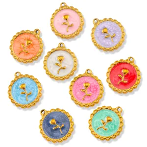 Stainless steel rose enamel charms set, colorful round metal pendants for DIY jewelry making.