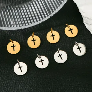 Stainless steel round pendant charms featuring cutout cross design, ideal for DIY jewelry making.