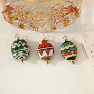 Stainless Steel Ceramic Pendant Hand Painted Pattern Oval Olive Charm For Earring Jewelry Making DIY Accessories