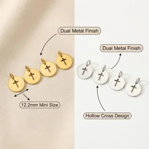 Stainless steel cross pendant round hollow charm diy jewelry accessories wholesale 12mm