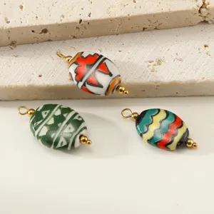 Handmade ceramic oval pendant charms with stainless steel loops for DIY jewelry making