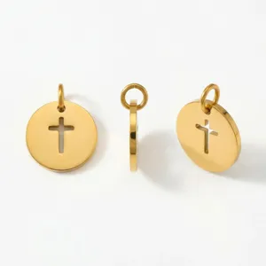 Gold stainless steel hollow cross round pendant charm for DIY jewelry making accessories
