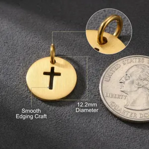 Detailed macro shot of gold cross cut-out pendant, highlighting smooth edging and size.
