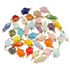 Bunte Keramik Fisch, Schildkröte und Muschel Anhänger Perlen für DIY Schmuck flach.