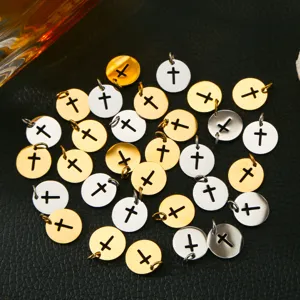 Stainless steel cross cutout round pendant charms for DIY jewelry making accessories.