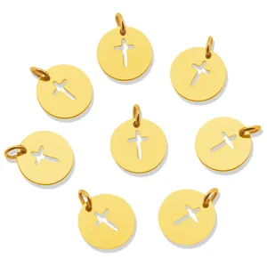 18K Gold Plated Stainless Steel Cross Hollow Round Pendant DIY Jewelry Making Charms